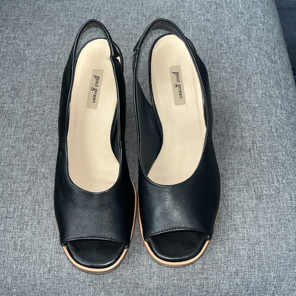 PAUL GREEN Savanah Slingback Peep Toe SANDALS 7.5 Black Nappa Leather NEW $399